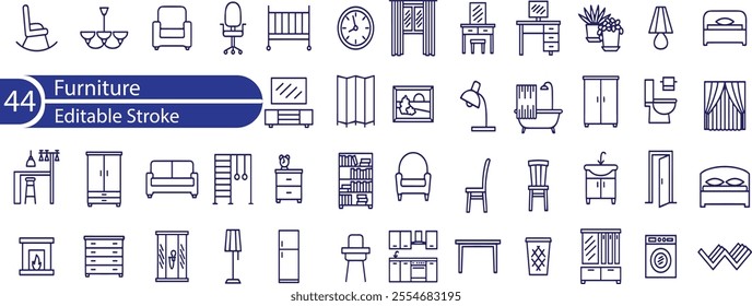 Furniture icon set. Containing sofa, chair, table, bed, lamp, wardrobe, mirror, desk and more. Vector solid icons collection