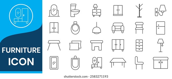 Furniture icon set. Containing sofa, chair, table, bed, lamp, wardrobe, mirror, desk and more.  Outline icon collection. Pictogram and infographic.