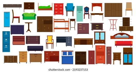 Furniture icon set design for interior and home room symbol collection. Office element vector illustration and cabinet apartment object style. Comfortable luxury sign and chair, table, sofa, wardrobe
