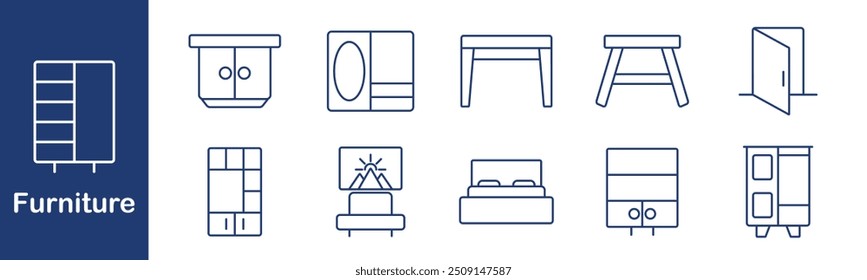 Furniture icon set with different types of cabinets, shelves, tables, and beds. Home decor, storage, interior design, and household organization