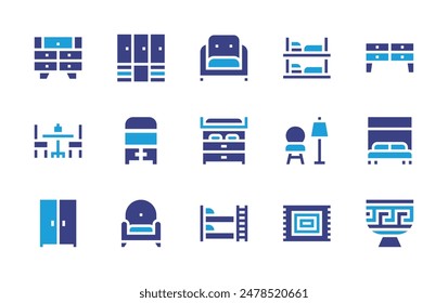Furniture icon set. Duotone color. Vector illustration. Containing table, chair, buffet, closet, changingtable, carpet, armchair, bunkbed, murphybed, vase.