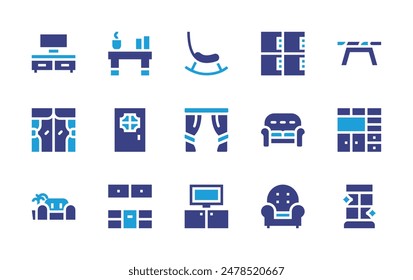 Furniture icon set. Duotone color. Vector illustration. Containing sofa, window, curtains, door, tvfurniture, kitchencabinet, armchair, closet.