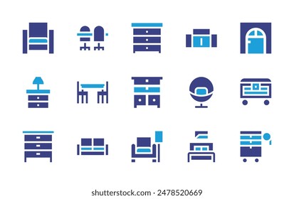 Furniture icon set. Duotone color. Vector illustration. Containing sofa, chair, door, chestofdrawers, diningtable, officechair, armchair, cabinet, bedsidetable, ottoman.