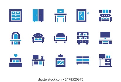 Conjunto de iconos de muebles. Color duotono. Ilustración vectorial. Conteniendo escritorio escolar, mesa de televisión, escritorio, ventana, estantería, sofá, armario, cama, mesita de noche, espejo, cocina.