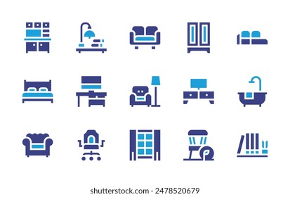 Furniture icon set. Duotone color. Vector illustration. Containing rest, sofa, tvtable, doublebed, cupboard, tablelamp, closet, bathroom, workplace.