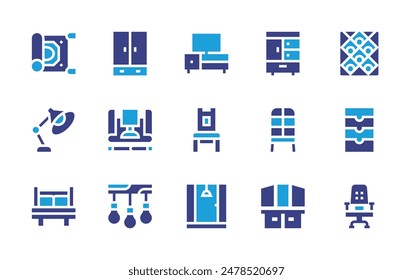 Furniture icon set. Duotone color. Vector illustration. Containing furniture, tablelamp, doublebed, shower, chandelier, magiccarpet, tvtable, wardrobe, chair.