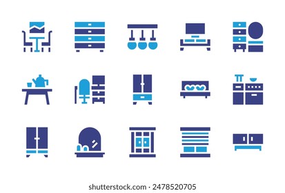 Furniture icon set. Duotone color. Vector illustration. Containing drawers, office, dinnertable, mirror, closet, lamps, window, tvtable, curtain, diningtable, bed.