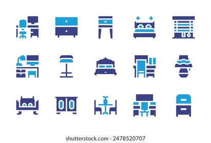Furniture icon set. Duotone color. Vector illustration. Containing drawer, tablelamp, bed, barstool, table, sofa, cabinet, meetingroom, desk, workplace.