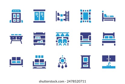 Furniture icon set. Duotone color. Vector illustration. Containing door, sofa, livingroom, bureau, bookcase, bed, armchair, dreamcatcher, coworking, sink.