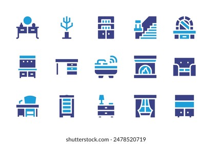 Furniture icon set. Duotone color. Vector illustration. Containing cupboard, desk, coatstand, dressingtable, dresser, bathtub, halltree, sofa, chimney, stair.