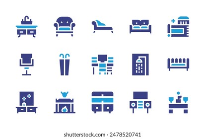 Furniture icon set. Duotone color. Vector illustration. Containing chair, dressingtable, fireplace, umbrellastand, date, chestofdrawers, sofa, tvtable, shower, worktable.