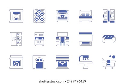 Furniture icon set. Duotone style line stroke and bold. Vector illustration. Containing sofabed, doublebed, treasure, blinds, blind, meetingroom, operatingtable, locker, bathtub.