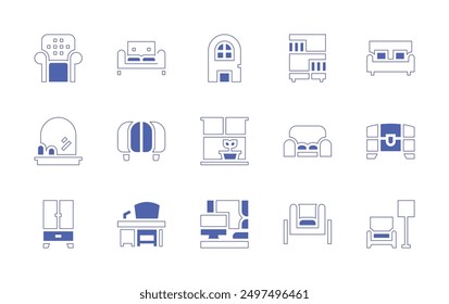 Furniture icon set. Duotone style line stroke and bold. Vector illustration. Containing sofa, mirror, closet, door, window, office, tuffet, couch, desk, bookshelf, armchair.