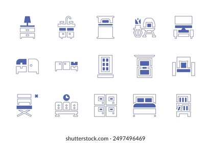 Furniture icon set. Duotone style line stroke and bold. Vector illustration. Containing singlebed, window, washbasin, watchingtv, bookcase, locker, waitingroom, bed, sideboard, chair, armchair.