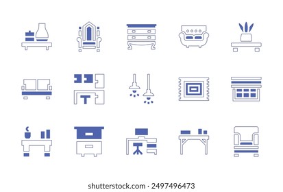 Furniture icon set. Duotone style line stroke and bold. Vector illustration. Containing shelf, cabinet, kitchen, workspace, ceilinglamp, couch, table, lowboy, throne.