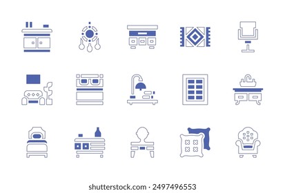 Furniture icon set. Duotone style line stroke and bold. Vector illustration. Containing window, chair, doublebed, carpet, drawers, sink, tablelamp, hall, dreamcatcher, livingroom.