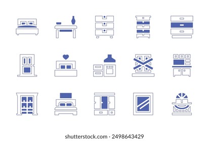 Furniture icon set. Duotone style line stroke and bold. Vector illustration. Containing kitchen, chest, furniture, bed, doublebed, wardrobe, table, door, drawers, mirror.