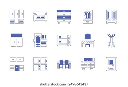 Furniture icon set. Duotone style line stroke and bold. Vector illustration. Containing drawers, sofa, table, cupboard, office, kitchencabinet, bunkbed, closet, lockers.