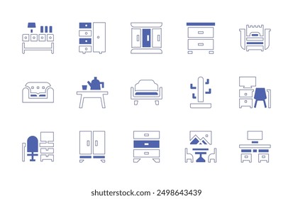 Furniture icon set. Duotone style line stroke and bold. Vector illustration. Containing livingroom, closet, coatstand, nightstand, sofa, desk, diningtable, bookshelf, cupboard, laundry.