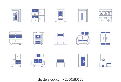 Furniture icon set. Duotone style line stroke and bold. Vector illustration. Containing door, sofa, wardrobe, dressingtable, chair, chestofdrawers, cabinet, drawers, cupboard, barstool.