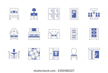 Furniture icon set. Duotone style line stroke and bold. Vector illustration. Containing dinnertable, bedding, closet, lockers, bedsidetable, sofa, chestofdrawers, floor, bedroom.