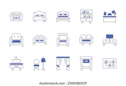 Furniture icon set. Duotone style line stroke and bold. Vector illustration. Containing desk, bed, chair, home, nightstand, curtains, sofa, tvtable, sink, armchair, noticeboard.
