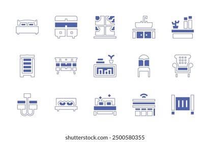 Symbolsatz für Möbel. Duotone Stil Linie Strich und fett. Vektorgrafik. Enthaltene Kasteofdrawers, Kronleuchter, ordentlich, Fenster, smartcurtain, Regale, Bett, Waschbecken, Schlafzimmer, Stuhl, Sideboard.