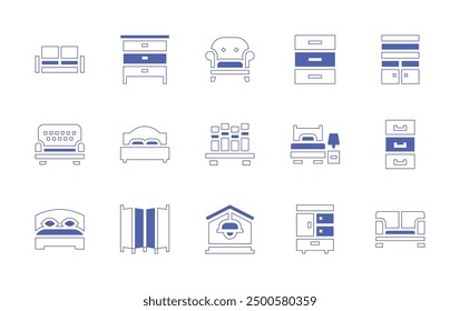 Furniture icon set. Duotone style line stroke and bold. Vector illustration. Containing book, chestofdrawers, screen, house, bed, cabinet, shelving, armchair, sofa, singlebed, closet.