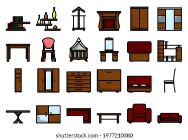 Furniture Icon Set. Editable Bold Outline With Color Fill Design. Vector Illustration.