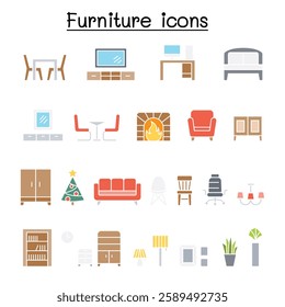 Furniture icon set in flat color style