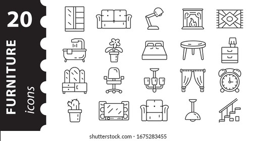 Furniture Icon Set And Home Decor. Pictogram In Linear Style.