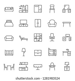 Furniture, icon set. Home interior, linear icons. Piece of furniture for the living room, bedroom, office, workplace, children's room and kitchen. Line with editable stroke