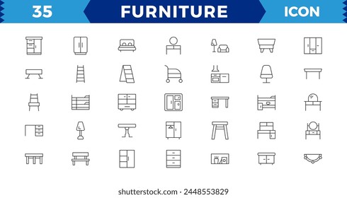  Muebles, conjunto de iconos. Interior del hogar, iconos lineales. Mueble para el salón, dormitorio, , lugar de trabajo, habitación de los niños y cocina. Línea con icono de trazo editable conjunto de trazo editable 
