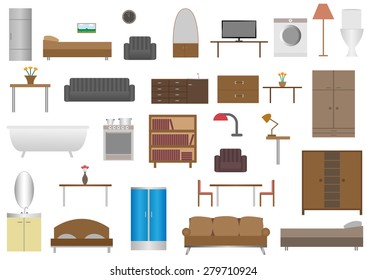 Furniture icon set for house. Chair, lamp, table, armchair, sofa, TV, books, bath and home plant in flat design.