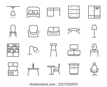 Furniture icon set. It included home appliances, room, cabinet, closet, and more icons. Editable Vector Stroke.