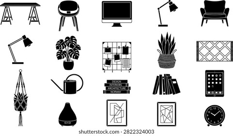 Furniture Icon Set of Interior Design Elements for Home Decor, Including Sofa, Chair, Table Lamp, Rug, Clock