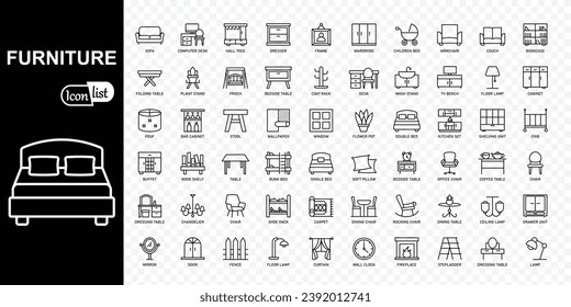 Furniture, icon set. Kitchen, bedroom, sofa table, bookcase closet, chair, mattress, lamps, ladder  line with editable stroke .
