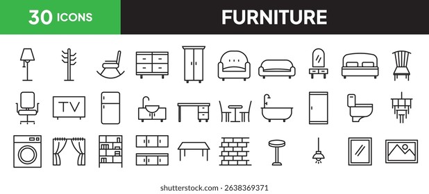 Furniture icon set in line style. Collection of furniture linier icons. including chair, lamp, table, sofa, bed, sink, door,  etc. Editable stroke