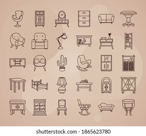 furniture icon set over brown background, line style, vector illustration