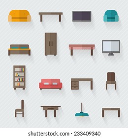 Furniture icon set for rooms of house. Flat style vector illustration.