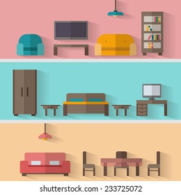 Furniture icon set for rooms of house. Flat style vector illustration.