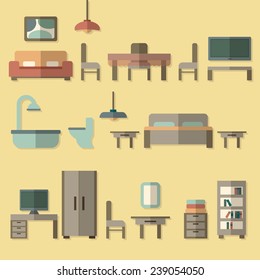 Furniture icon set for rooms of house. Flat style vector illustration.