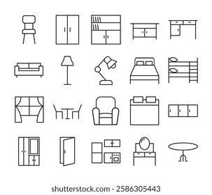 Furniture icon set in simple thin line. Collection of icons related to home decoration, including door, bed, sofa, chair, table cupboard, lamp, etc. Vector Illustration. Editable stroke.