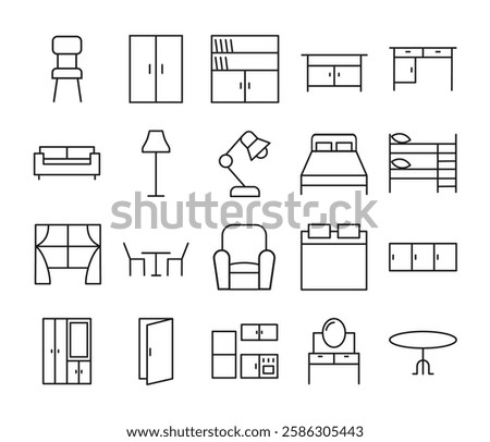 Furniture icon set in simple thin line. Collection of icons related to home decoration, including door, bed, sofa, chair, table cupboard, lamp, etc. Vector Illustration. Editable stroke.