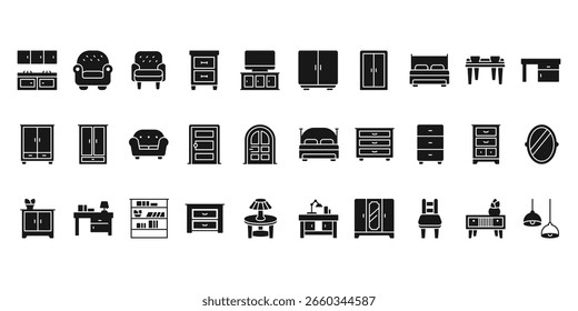 Conjunto de iconos de muebles con estilo sólido simple, Ilustración vectorial