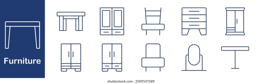 Furniture icon set. Table, chair, wardrobe, cabinet, dresser, storage, furniture, home, interior, decor, wood, closet, seat, design, organization, living, household