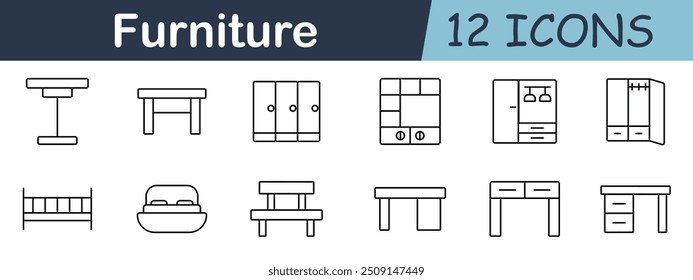 Furniture icon set with tables, cabinets, shelves, and beds. Home furnishing, storage solutions, interior design elements, and household organization