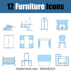 Conjunto de iconos de mobiliario. Línea Delgada Con Diseño De Relleno Azul. Ilustración vectorial.