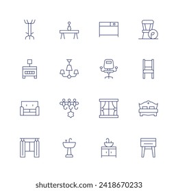 Furniture icon set. Thin line icon. Editable stroke. Containing coatrack, nightstand, sofa, window, table, chandelier, clotheshanger, sink, desk, deskchair, curtain, woodenchair, chair, bed.