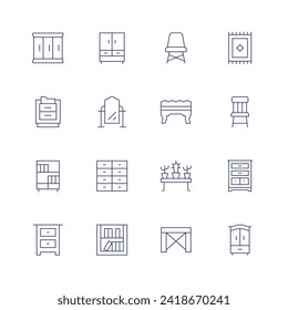 Furniture icon set. Thin line icon. Editable stroke. Containing cupboard, filecabinet, bookshelf, bedsidetable, wardrobe, mirror, cabinet, chair, ottoman, plantpot, table, carpet, woodenchair, drawers